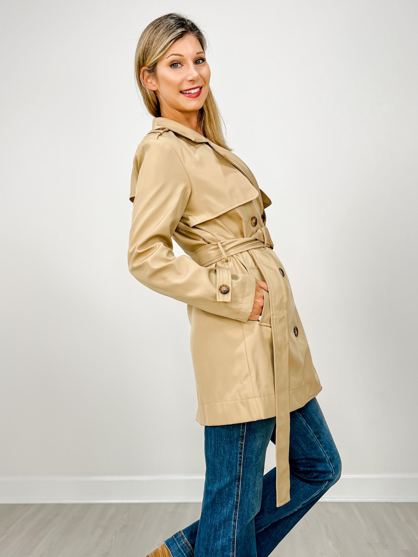 Nylon Like Midi Trench Coat With Belt