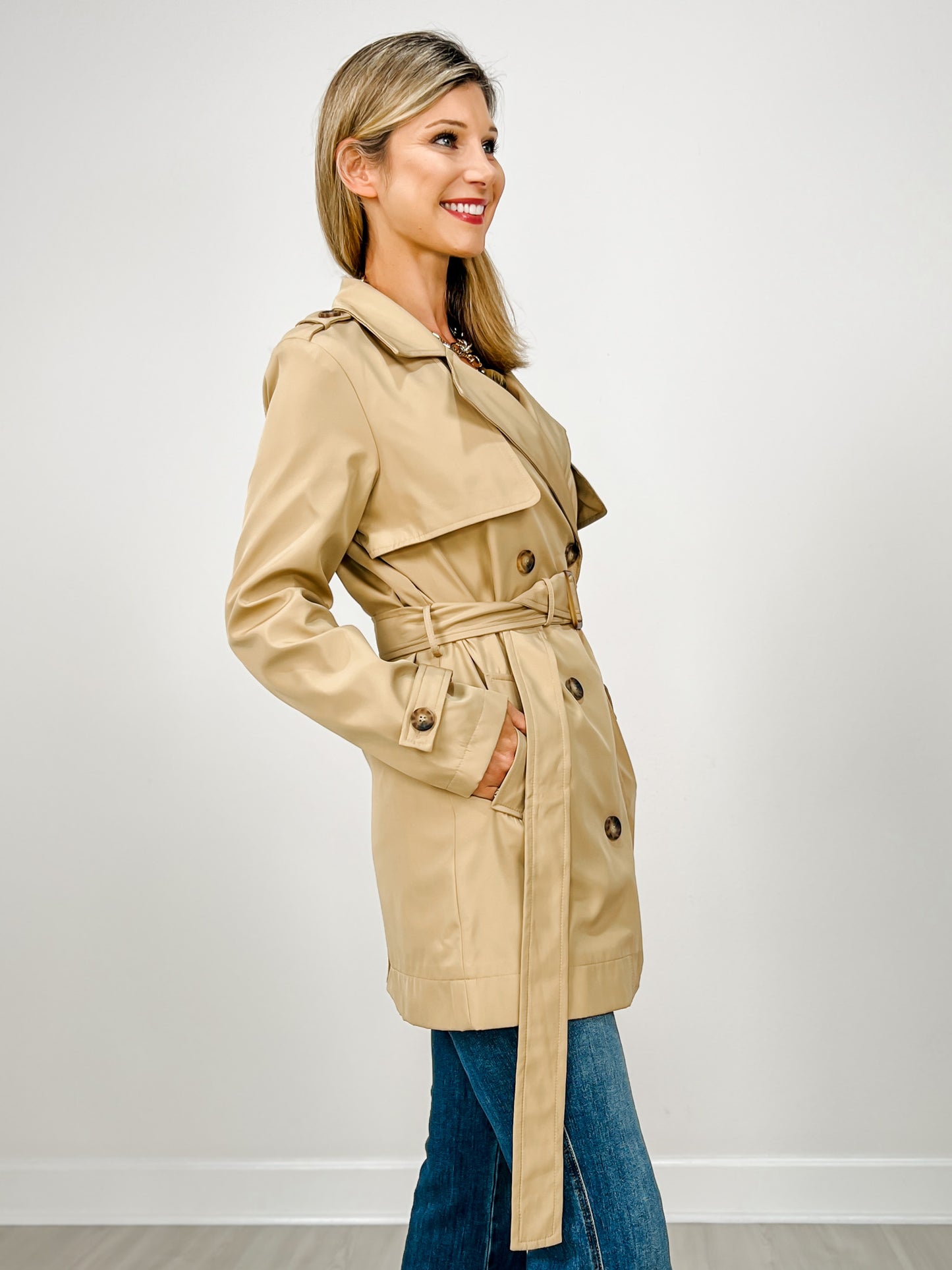 Nylon Like Midi Trench Coat With Belt