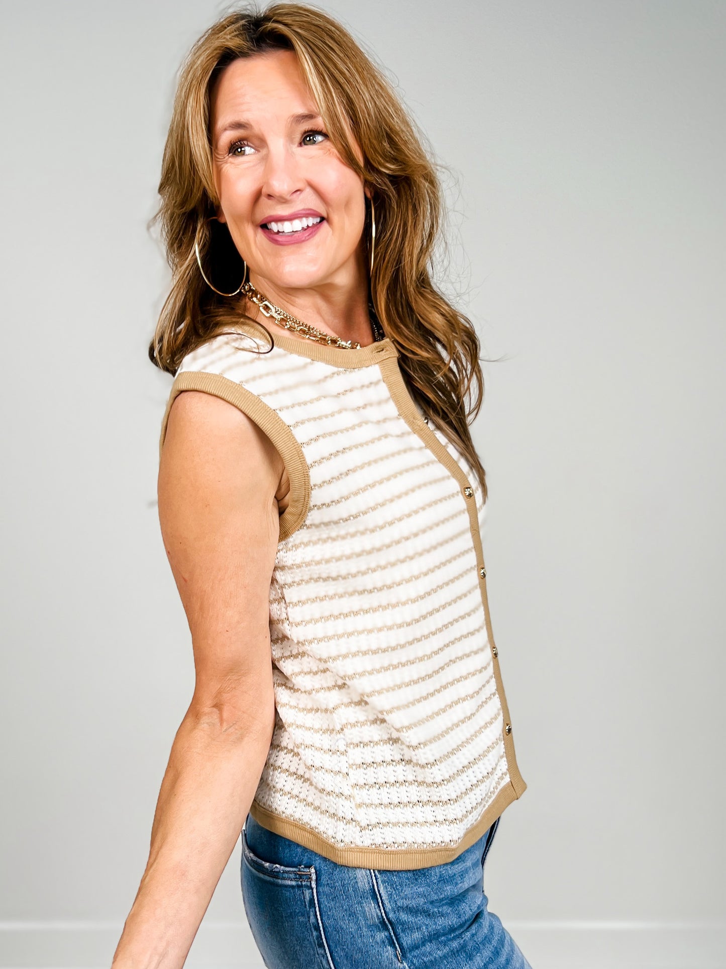 Sleeveless Striped Knit Button Down Top