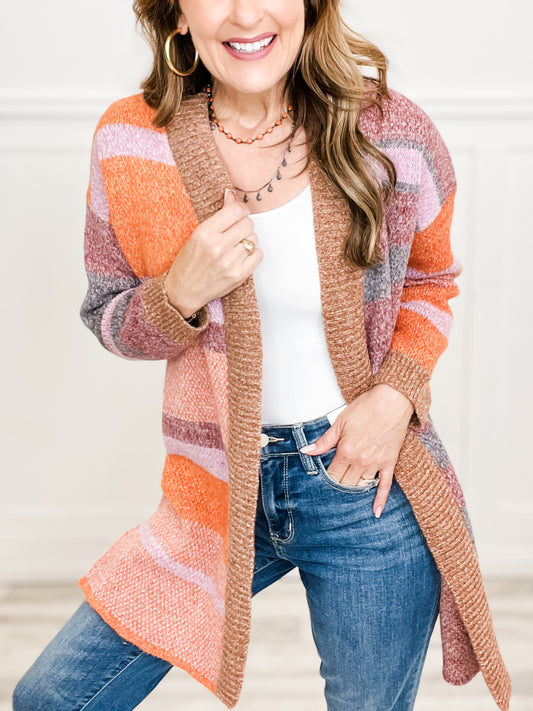 Striped Open Front Long Sweater Cardigan with Side Slits