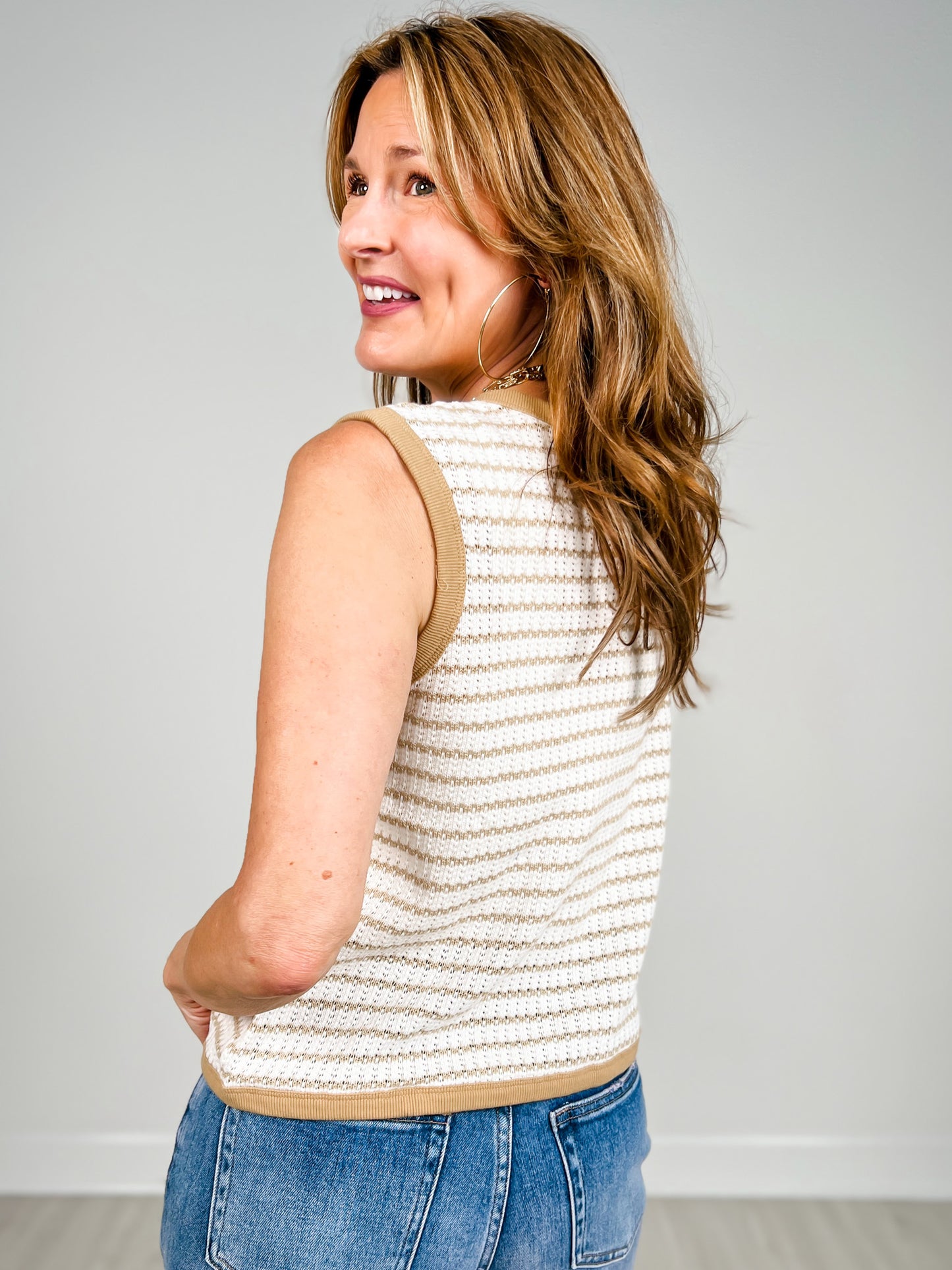 Sleeveless Striped Knit Button Down Top