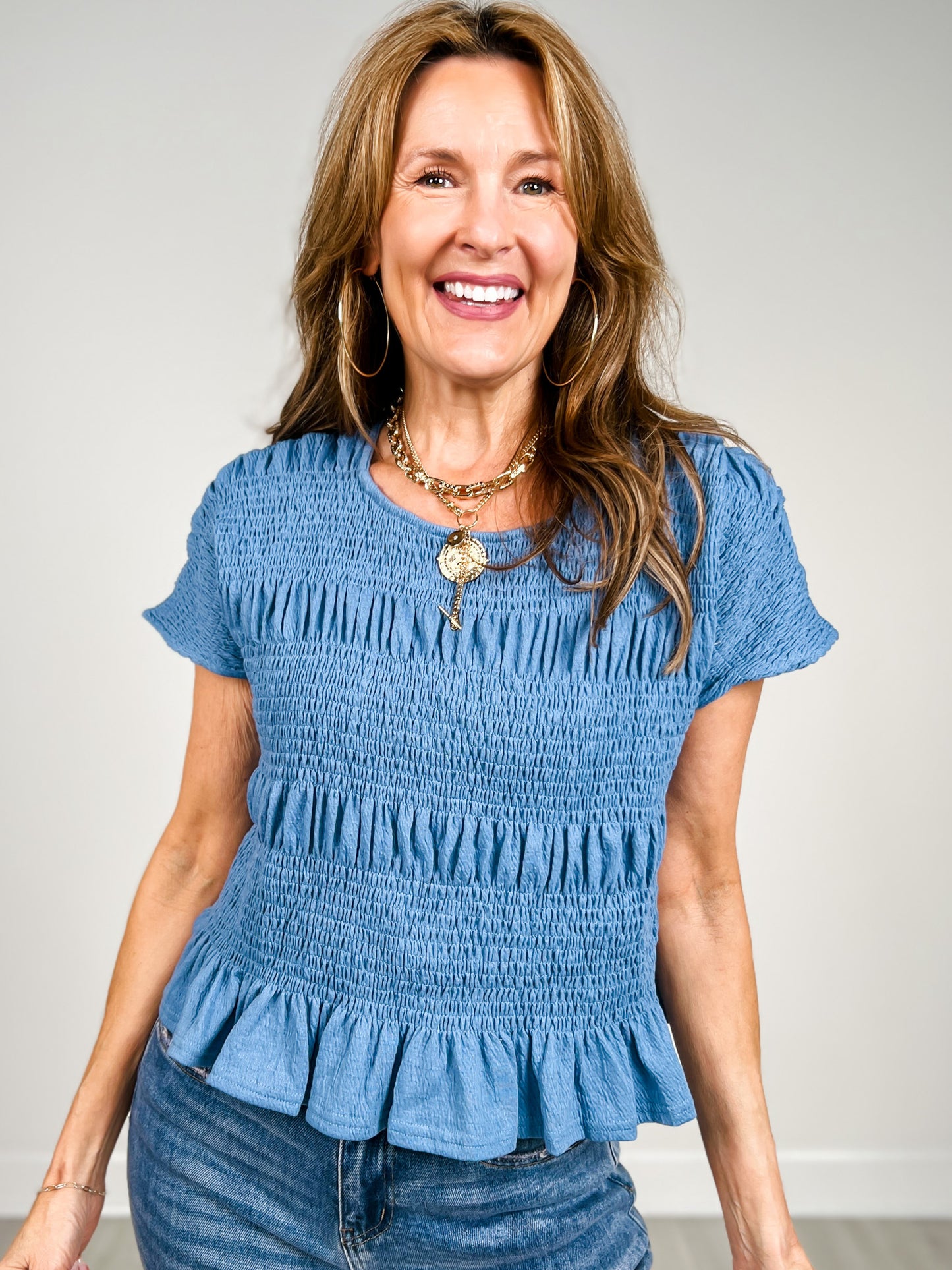 Shirring Detail Short Sleeve Knit Top