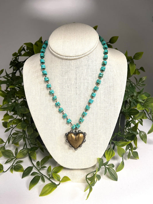 Turquoise Bead Chain Brass Heart Necklace