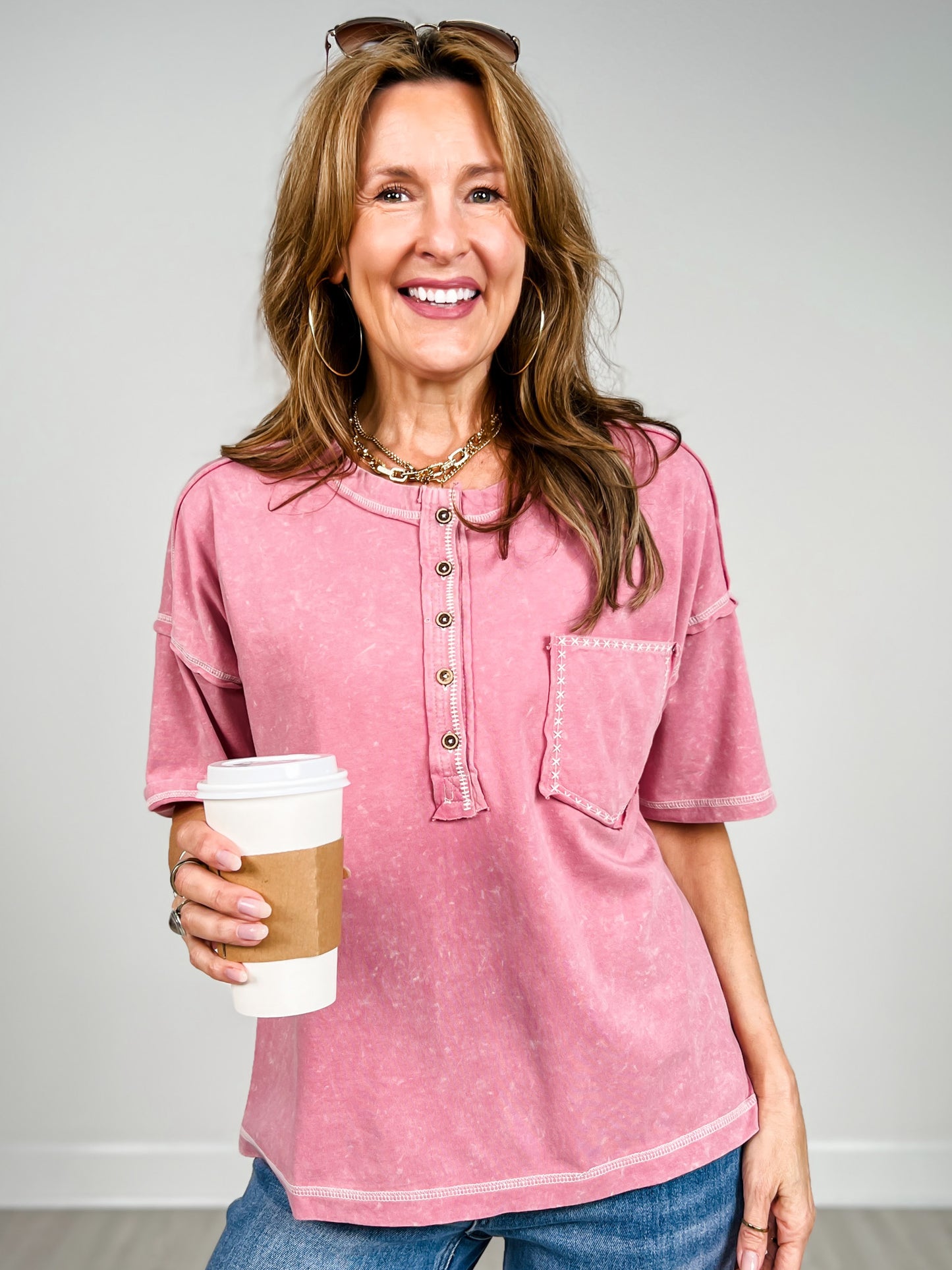 Short Sleeve Mineral Washed Oversized Comfy Knit Top