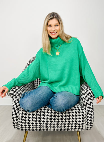 Solid High Neck Long Sleeve Loose Fit Knit Sweater