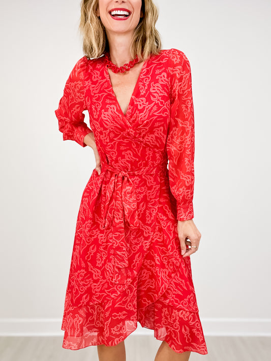 Red Boot Stitch Cross Overlap Wrap Ruffle Dress