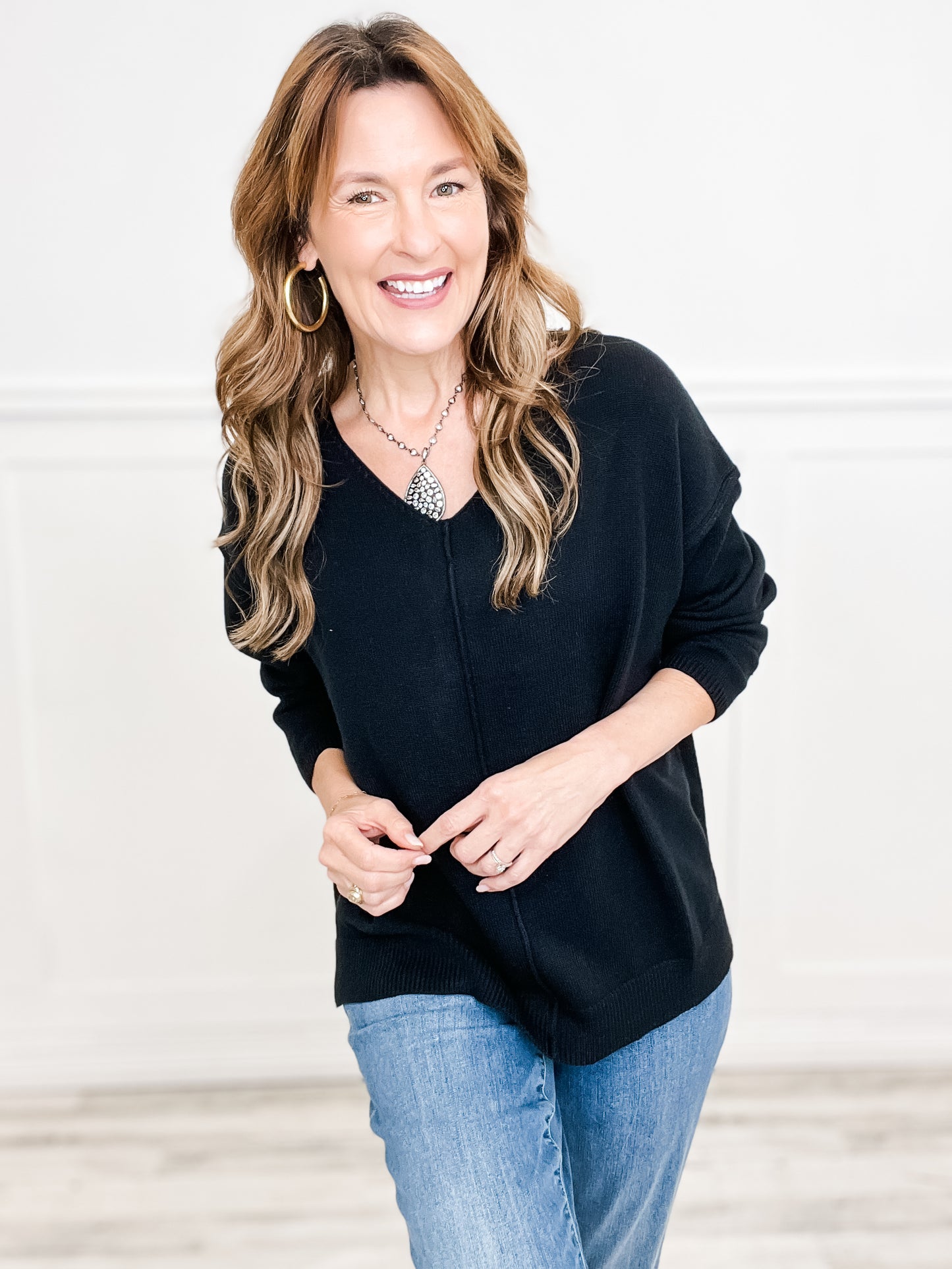 Long Sleeve Solid Knit V-Neckline Sweater with Side Slits and Hi-Lo Hem