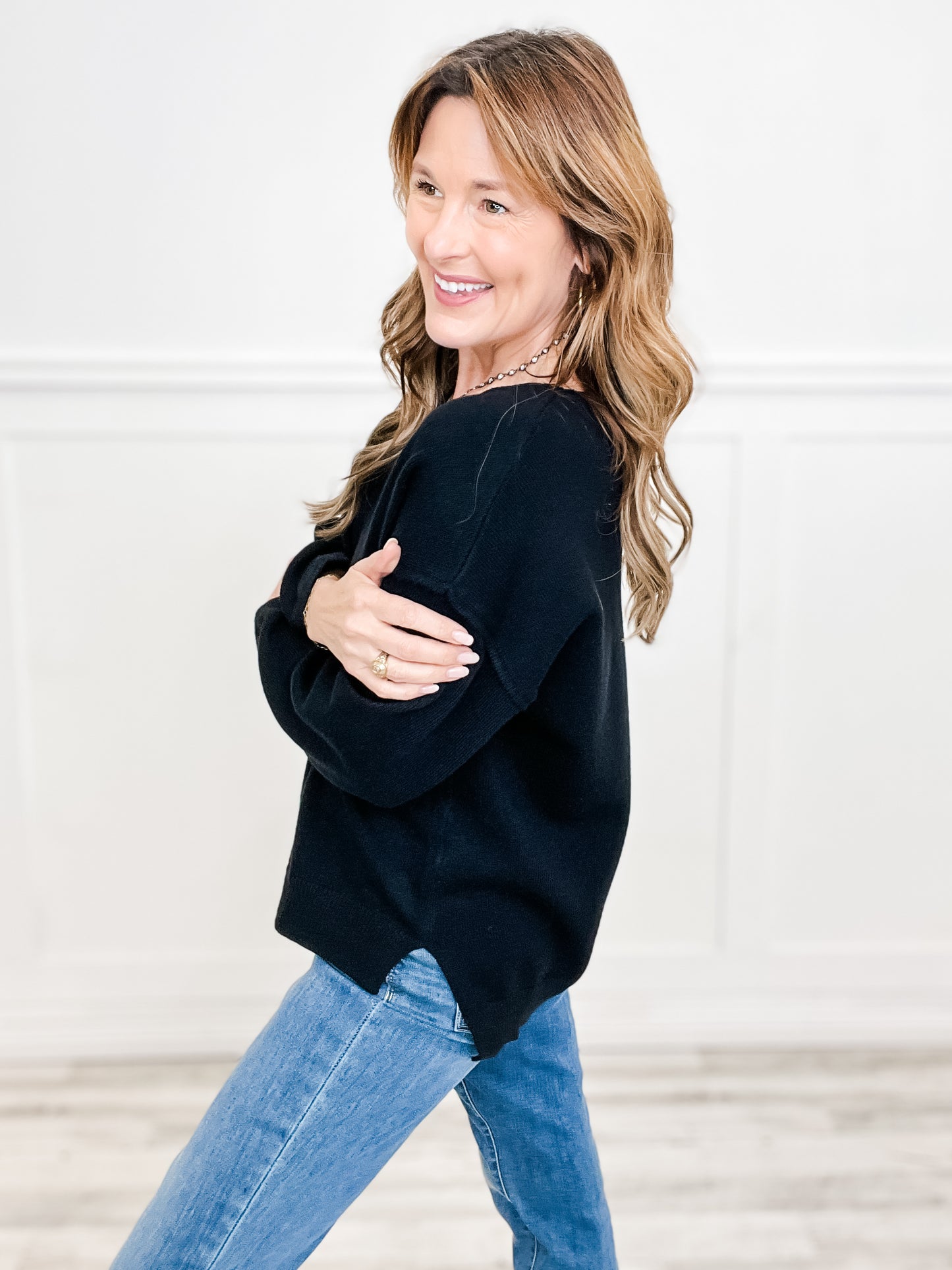 Long Sleeve Solid Knit V-Neckline Sweater with Side Slits and Hi-Lo Hem