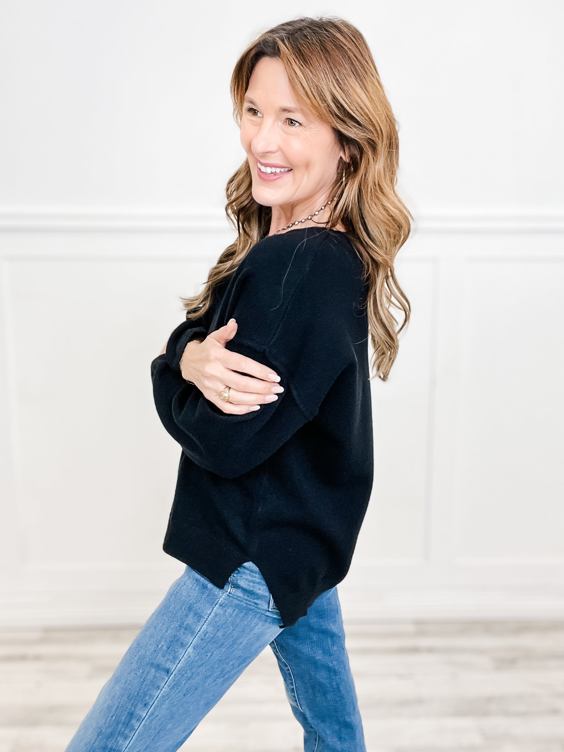 Long Sleeve Solid Knit V-Neckline Sweater with Side Slits and Hi-Lo Hem