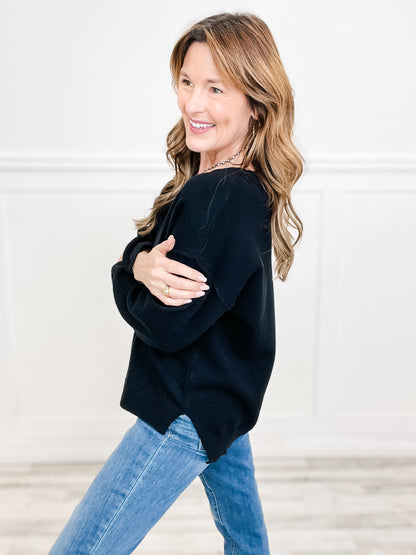 Long Sleeve Solid Knit V-Neckline Sweater with Side Slits and Hi-Lo Hem