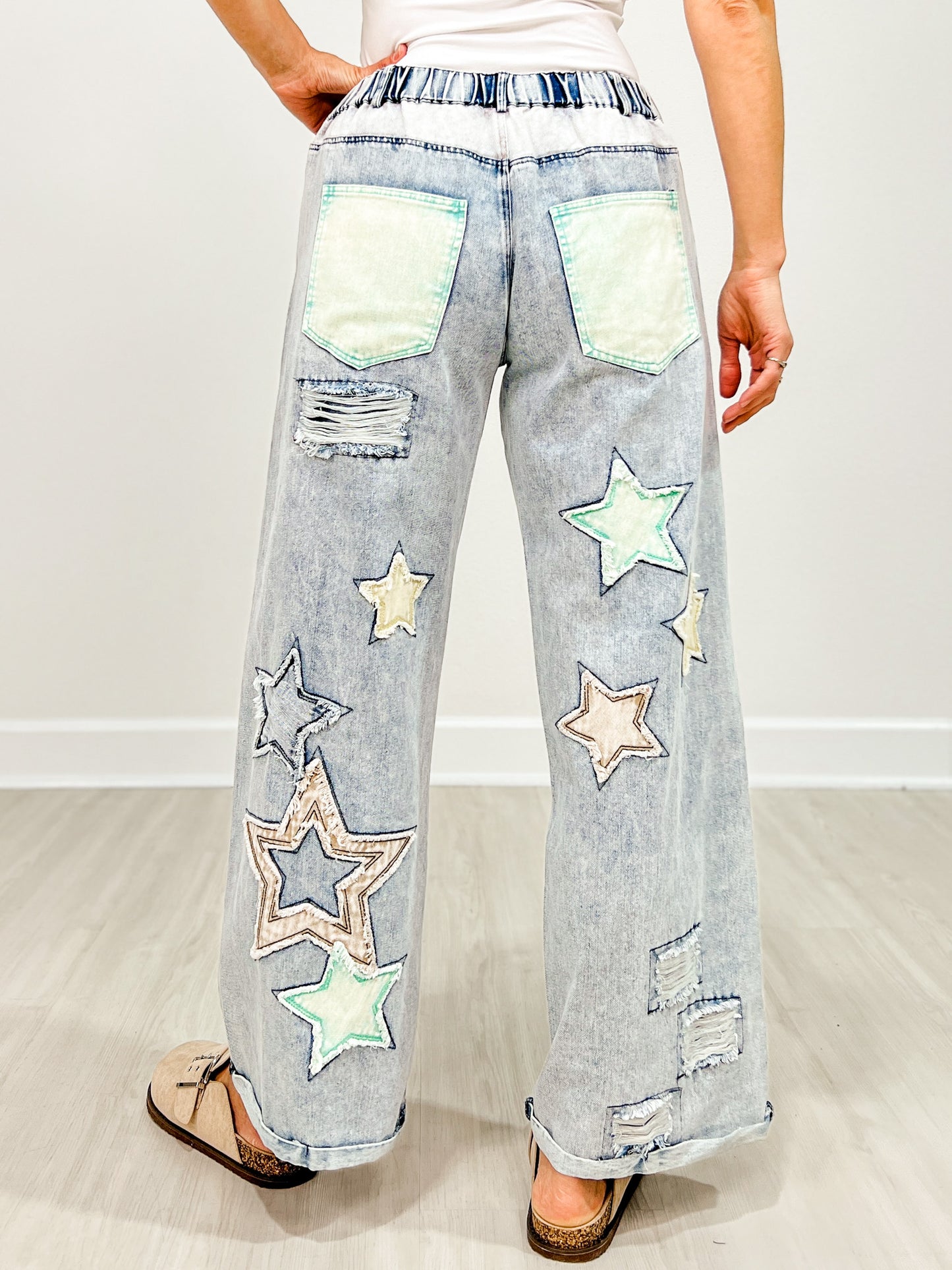 Star And Peace Patch Wide Leg Relaxed Fit Jeans