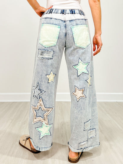 Star And Peace Patch Wide Leg Relaxed Fit Jeans