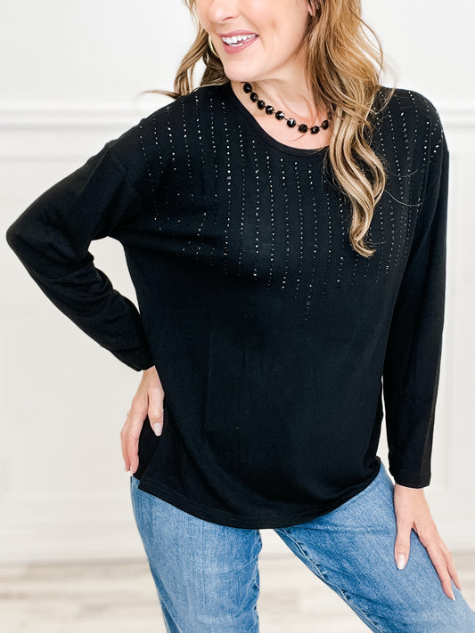 Round Neck Long Sleeve Boxy Fit Top with Rhinestone Embellishments