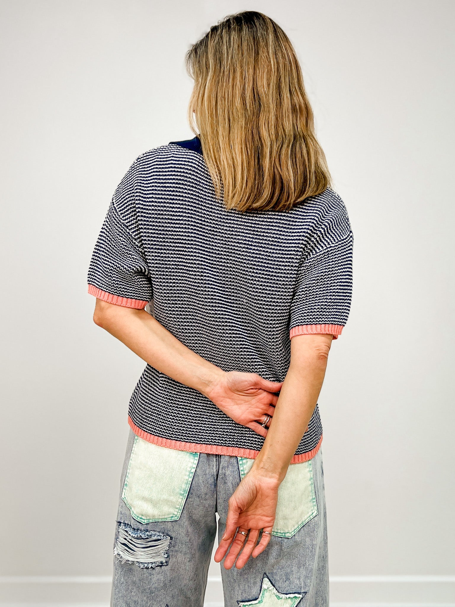 Short Sleeve Striped Collared Polo Sweater Top