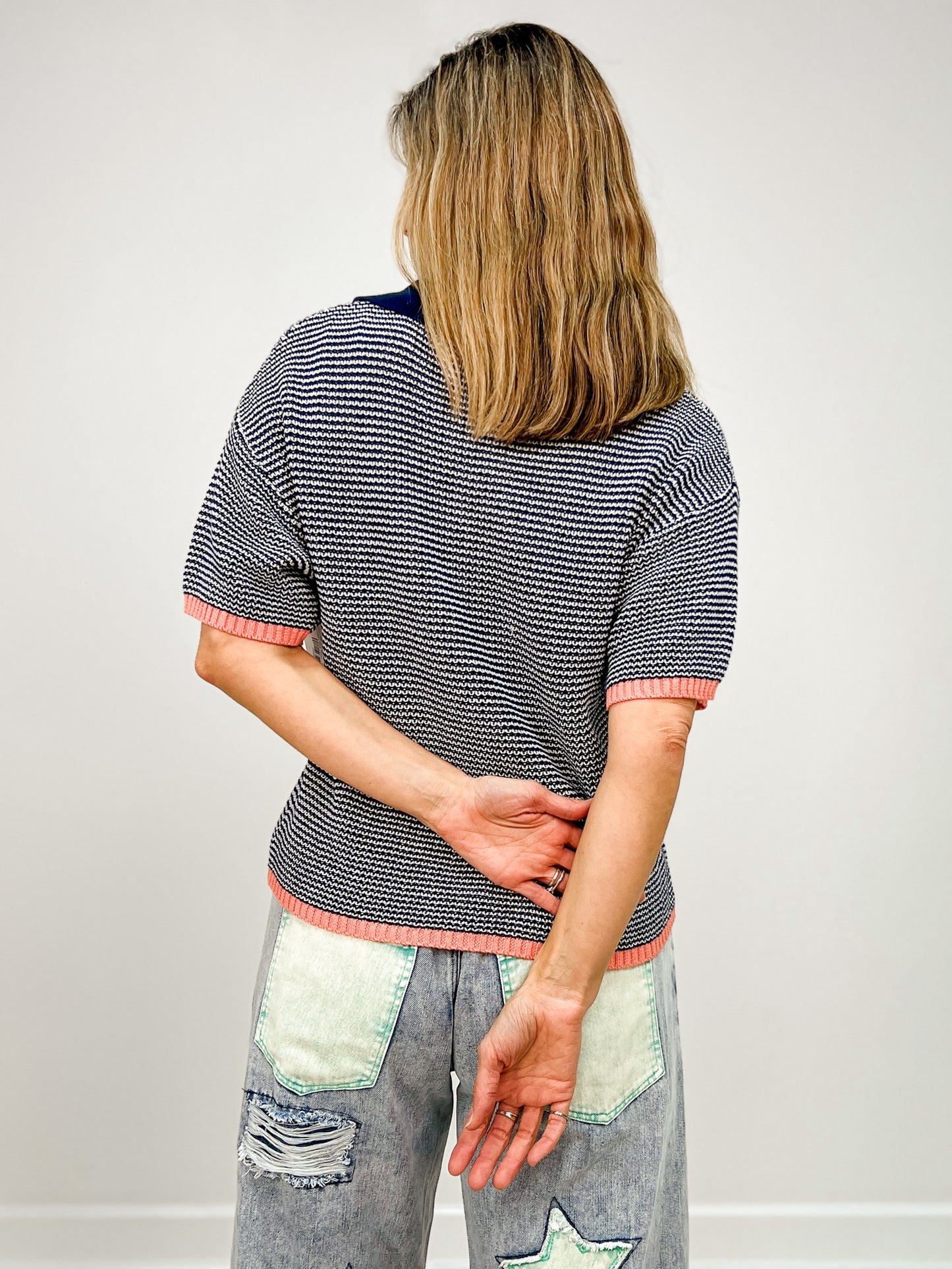 Short Sleeve Striped Collared Polo Sweater Top