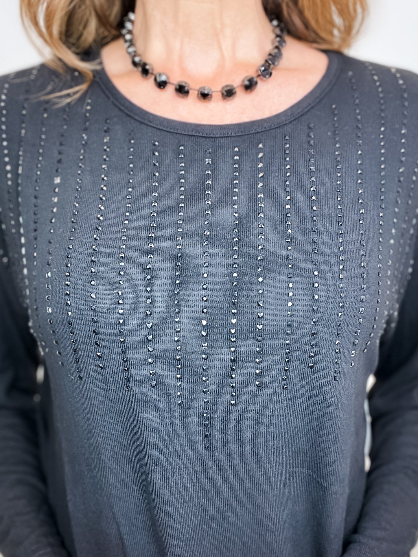 Round Neck Long Sleeve Boxy Fit Top with Rhinestone Embellishments