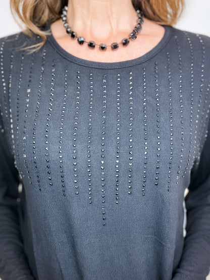 Round Neck Long Sleeve Boxy Fit Top with Rhinestone Embellishments
