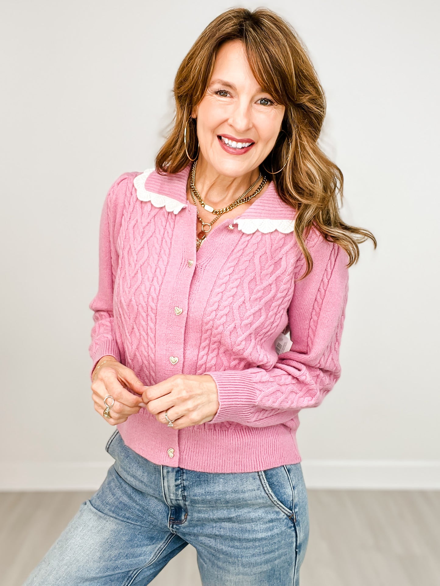 Long Sleeve Scallop Lace Collared Cardigan with Gold Heart Buttons