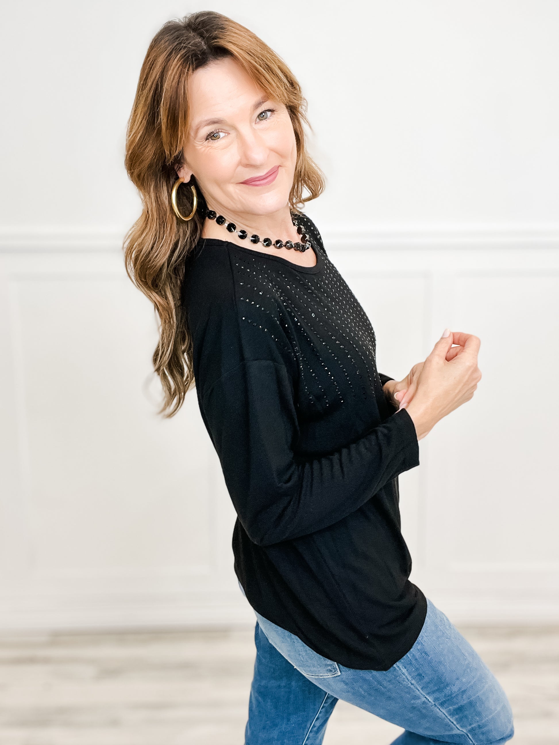 Round Neck Long Sleeve Boxy Fit Top with Rhinestone Embellishments