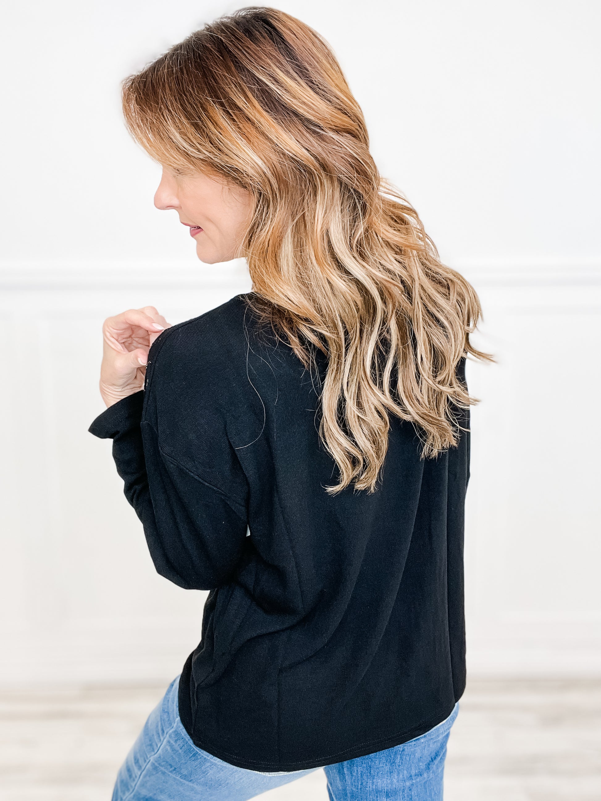 Round Neck Long Sleeve Boxy Fit Top with Rhinestone Embellishments