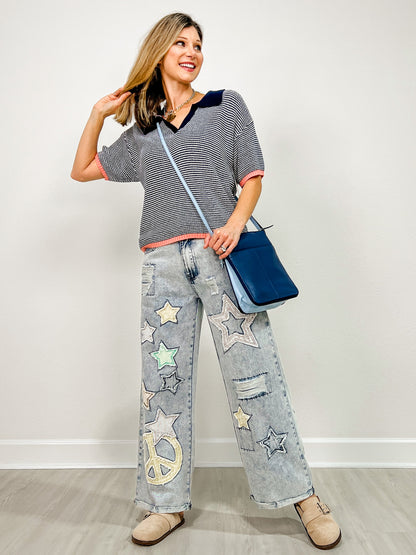 Star And Peace Patch Wide Leg Relaxed Fit Jeans