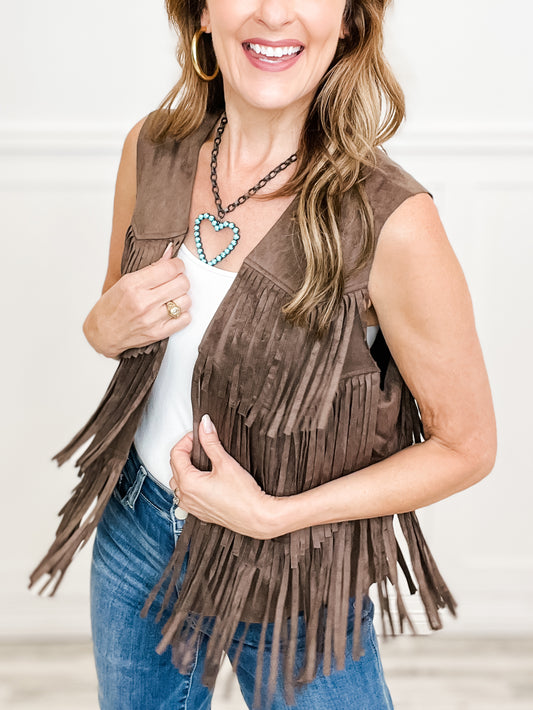 Suede Chevron Shape Fringe Vest