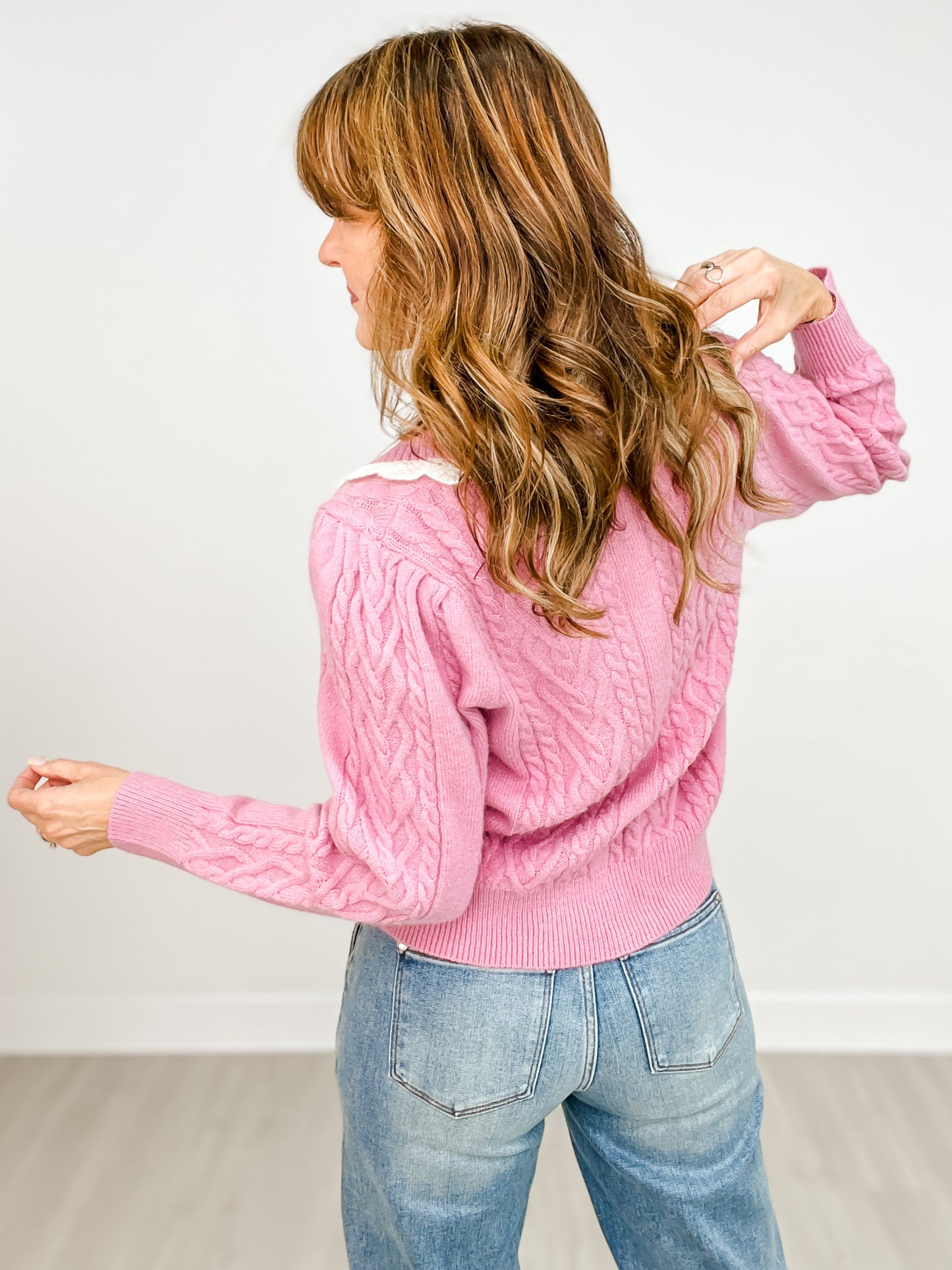 Long Sleeve Scallop Lace Collared Cardigan with Gold Heart Buttons
