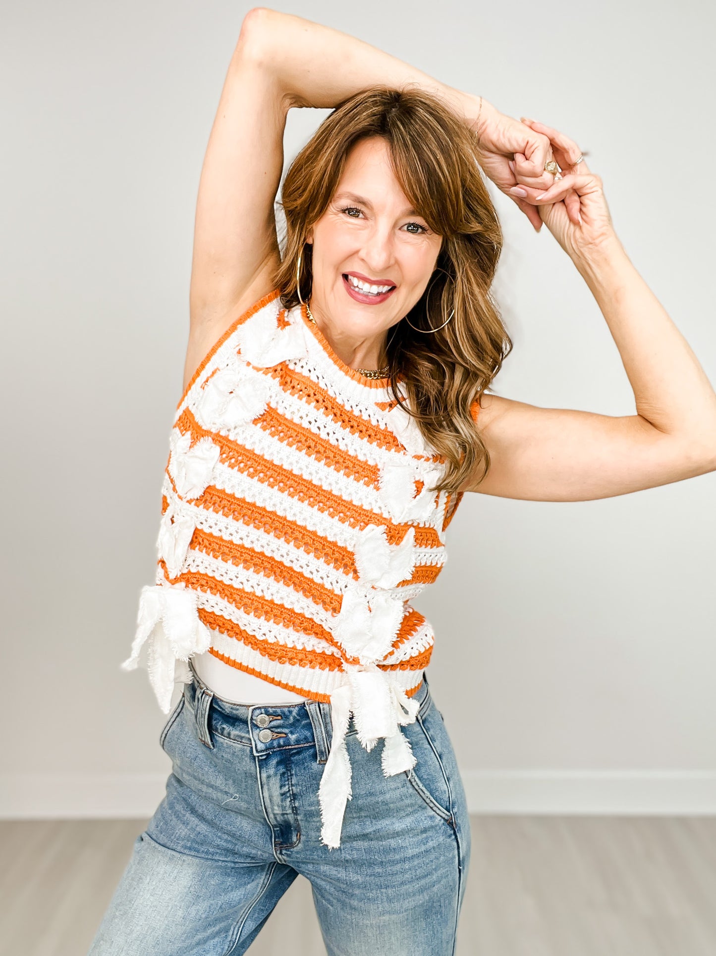 Bow Tie Detailed Stripe Round Neck Vest Sweater