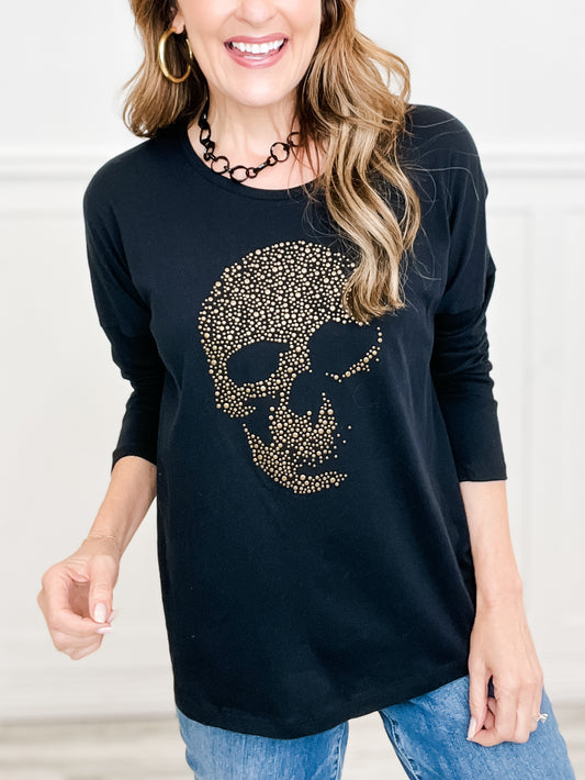 Round Neck Long Sleeve Top with Skull and Keyhole Cutout Back