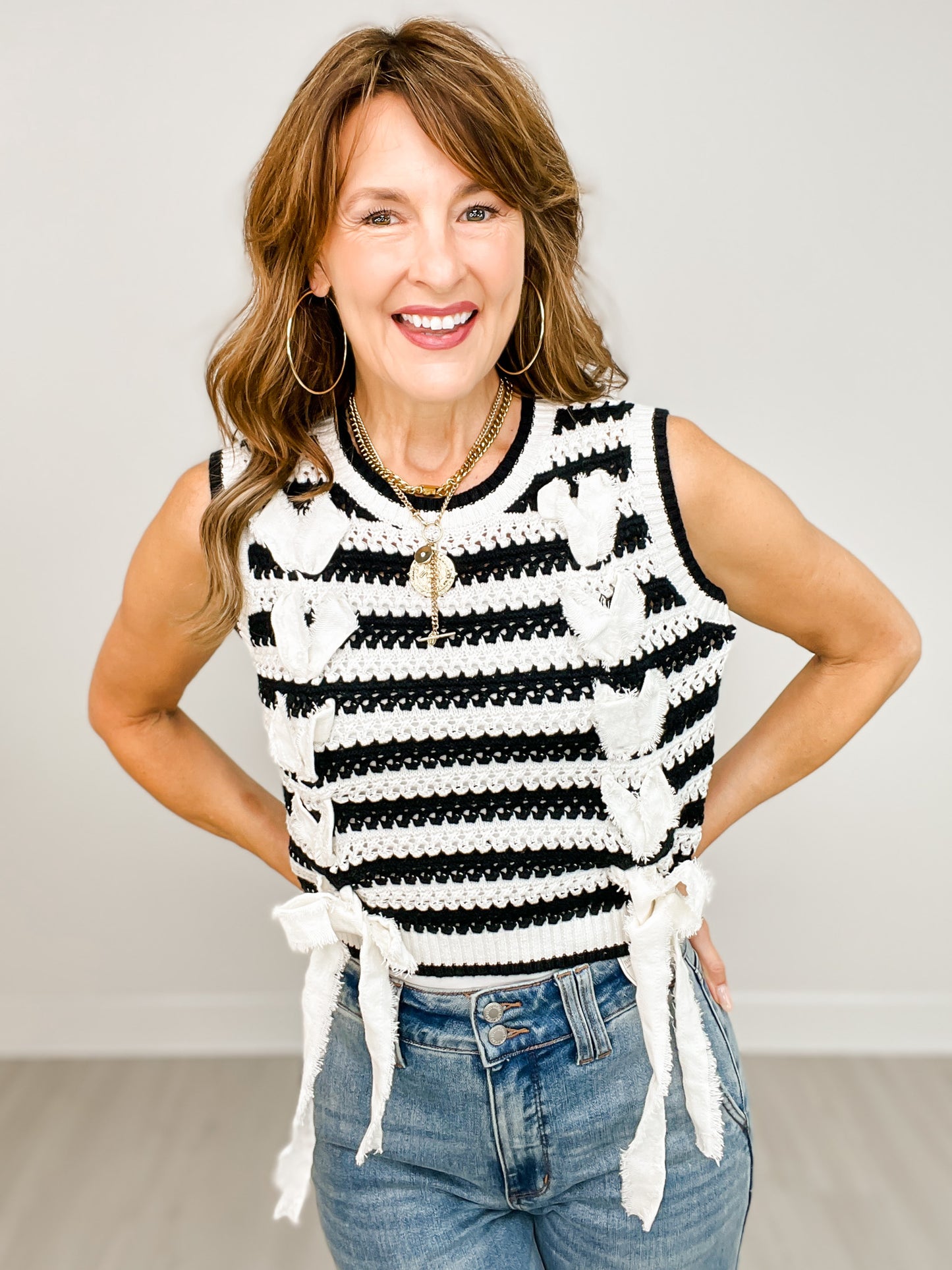 Bow Tie Detailed Stripe Round Neck Vest Sweater