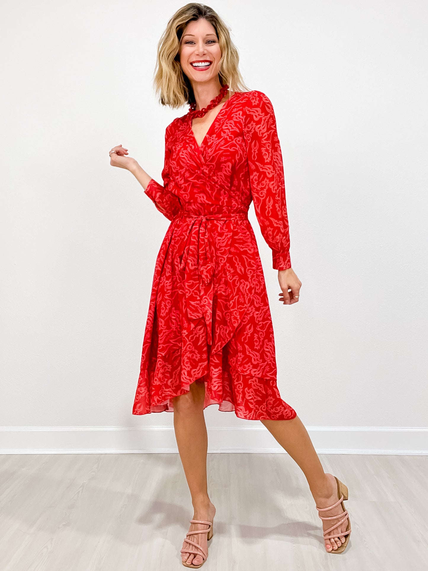 Red Boot Stitch Cross Overlap Wrap Ruffle Dress