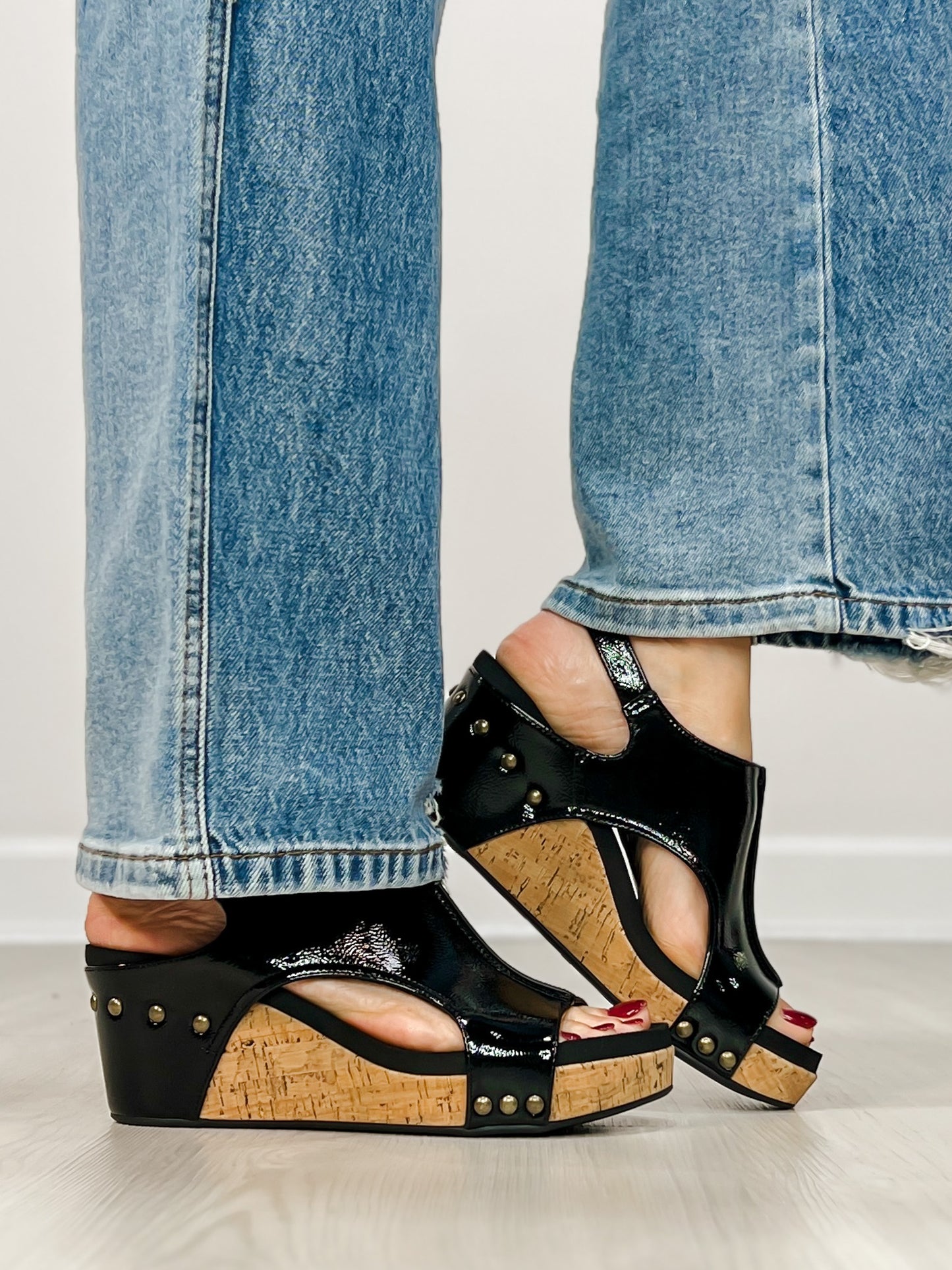 Corkys Carley Wedges in BLACK CRINKLE PATENT