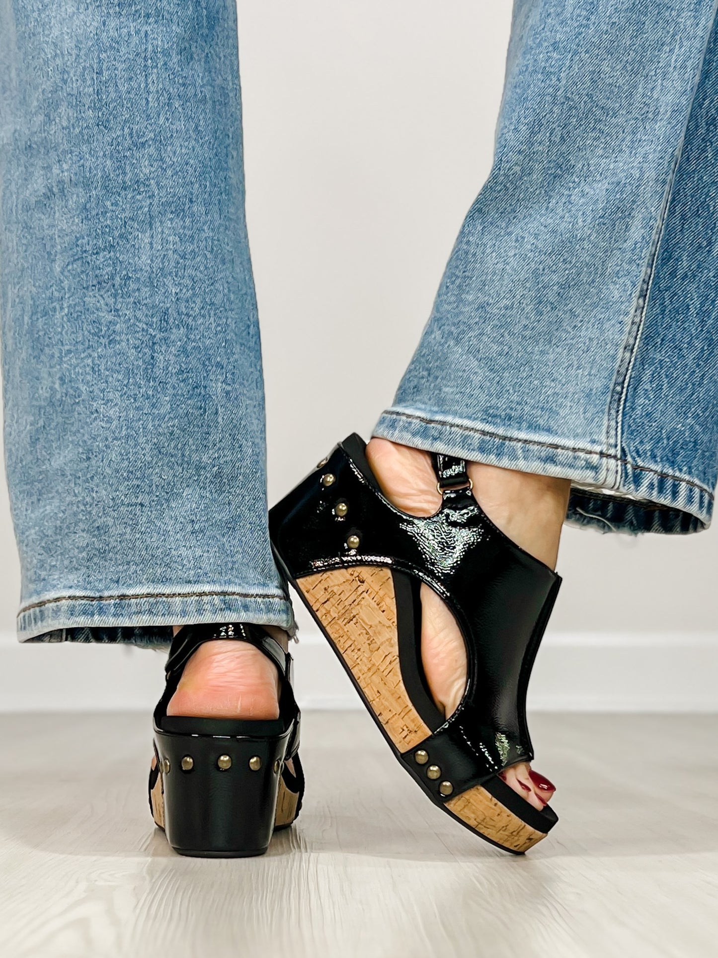 Corkys Carley Wedges in BLACK CRINKLE PATENT