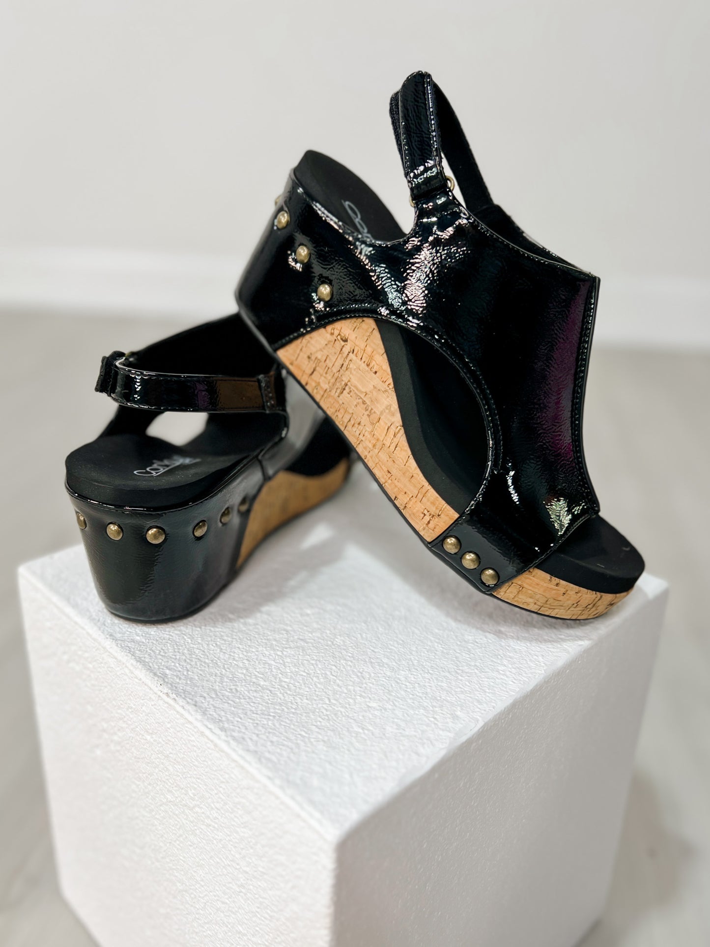 Corkys Carley Wedges in BLACK CRINKLE PATENT