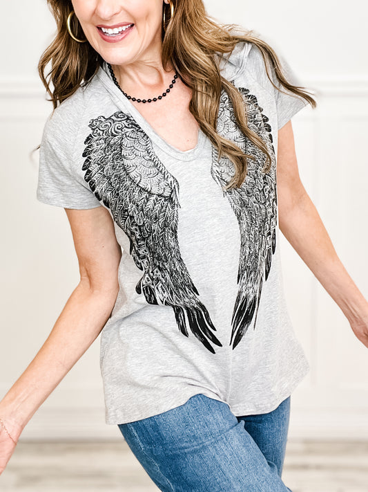 V-Neck Short Sleeve Hooded Top with Wing Design