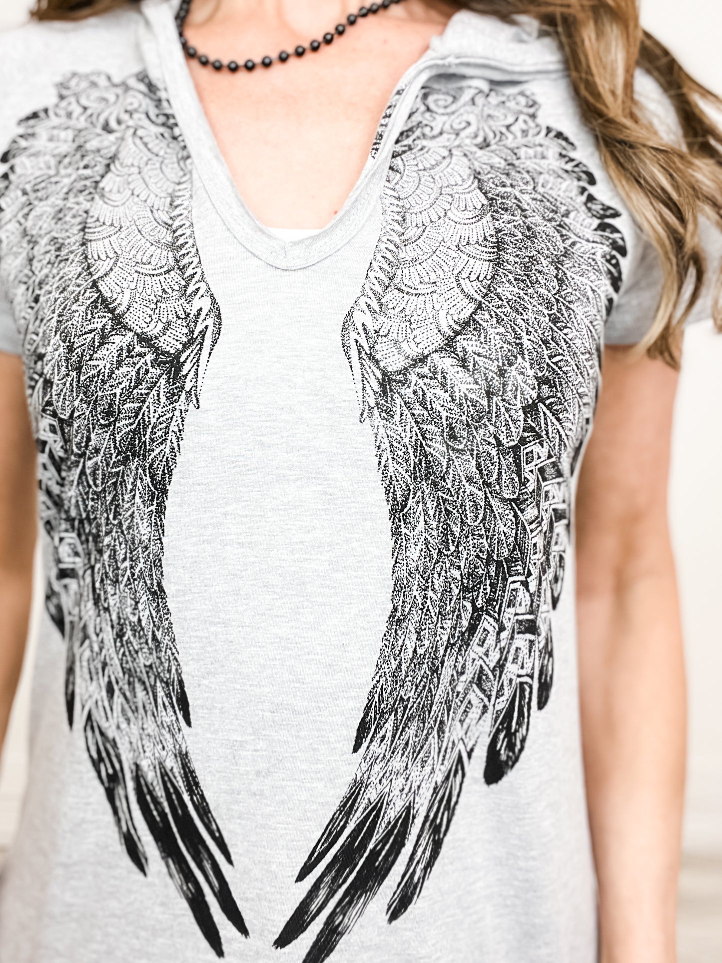 V-Neck Short Sleeve Hooded Top with Wing Design