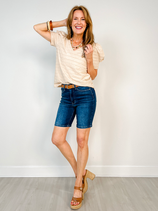 Judy Blue LONG STORY SHORT Mid-Rise Bermuda Denim Shorts