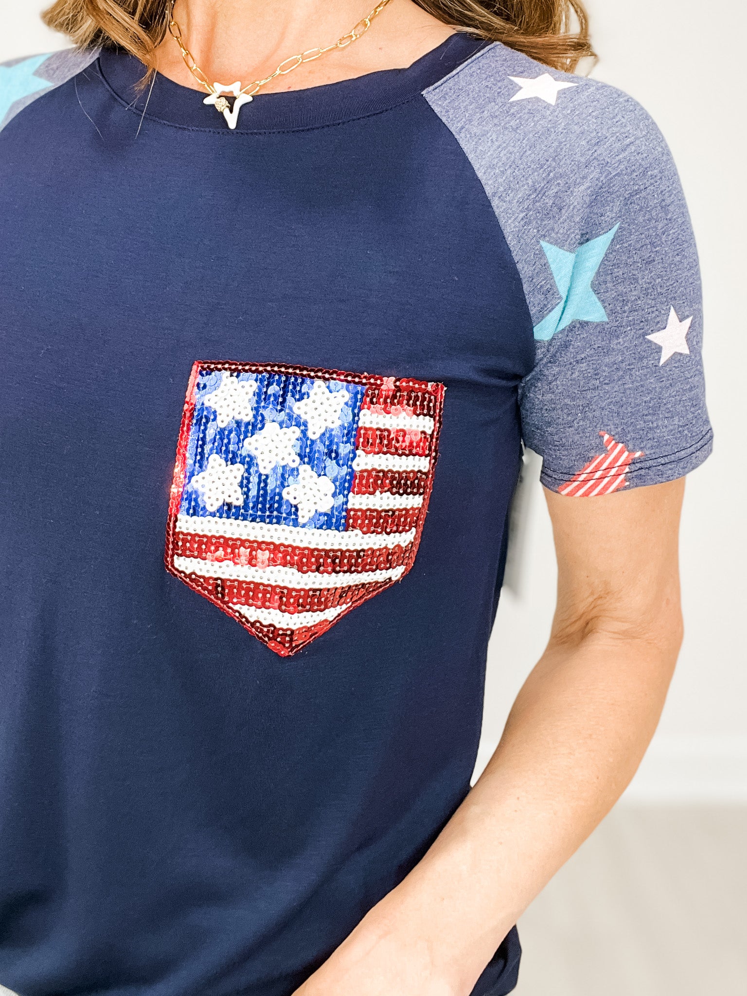 American Flag Sequin Pocket with Contrasting Short Sleeves Top