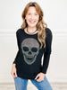 Round Neck Long Sleeve Top with Rhinestone Skull