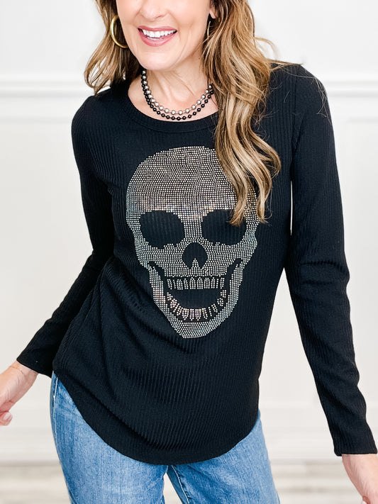 Round Neck Long Sleeve Top with Rhinestone Skull