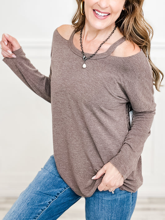 Semi Square Neckline Off Shoulder Cutoff Long Sleeve Top with Wings