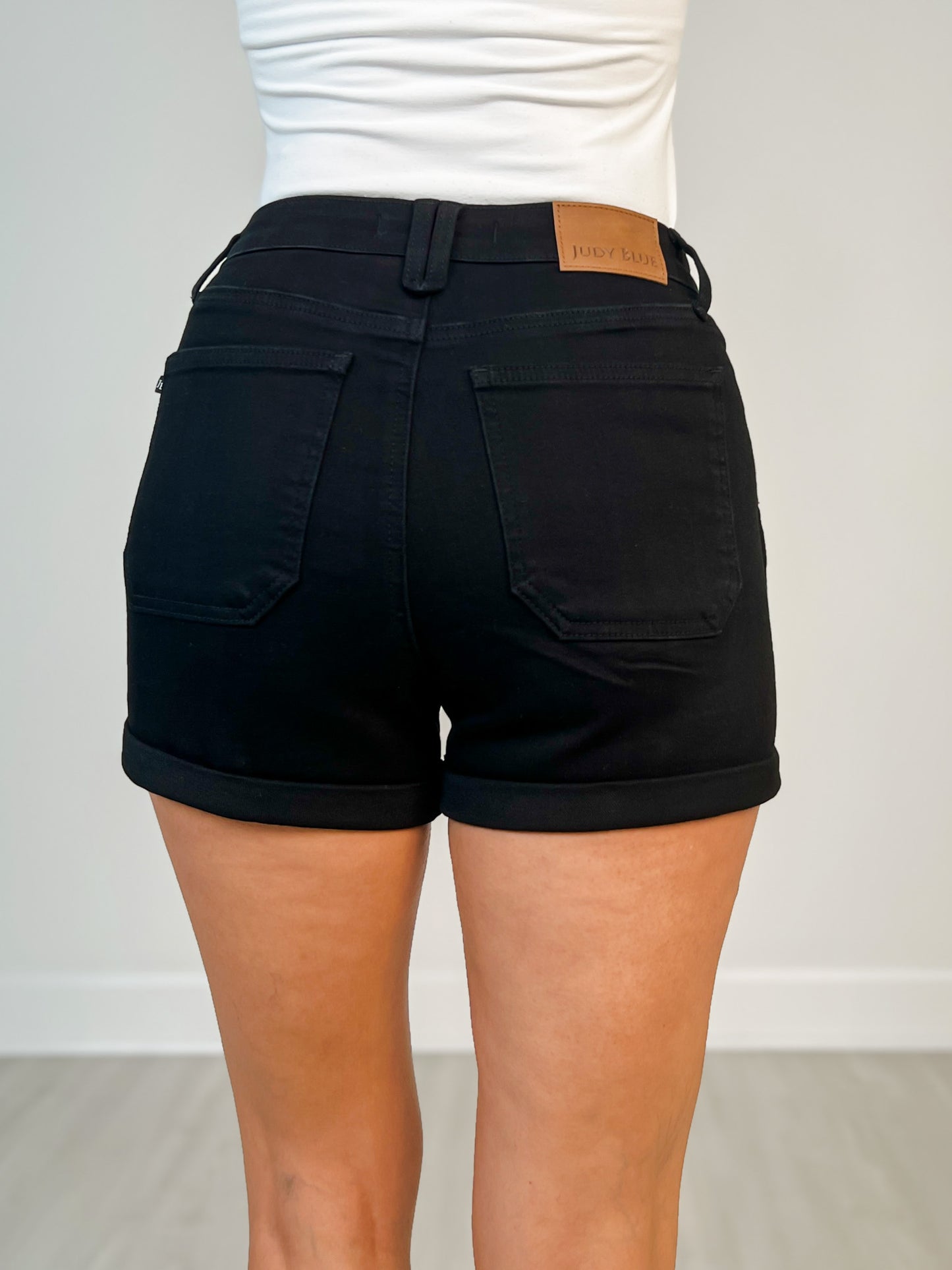 Judy Blue BLACKOUT BABE Double Rolled Cuff Black Shorts
