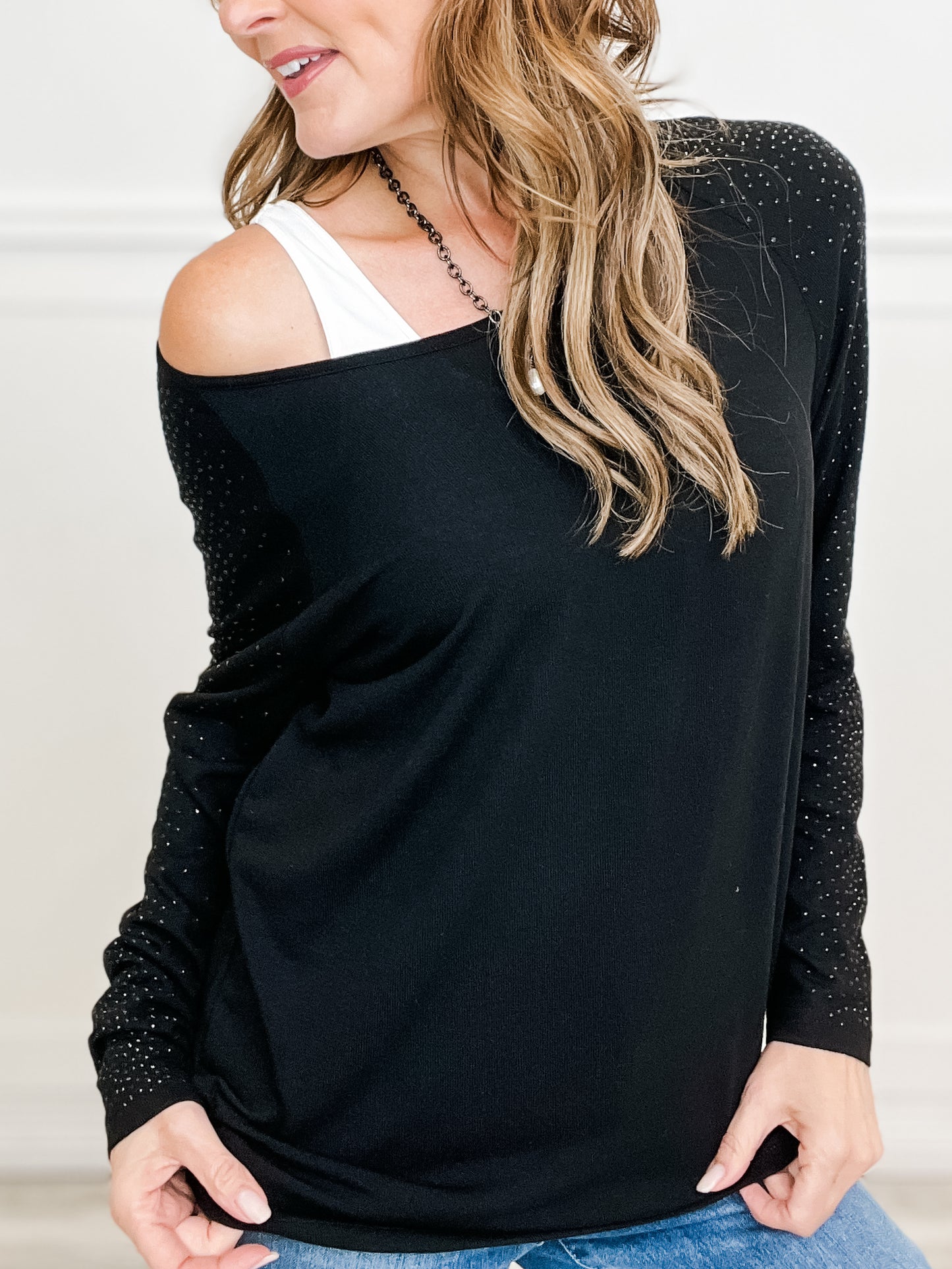 Wide Round Neck Long Sleeve Top with All Over Rhinestone Embellishments