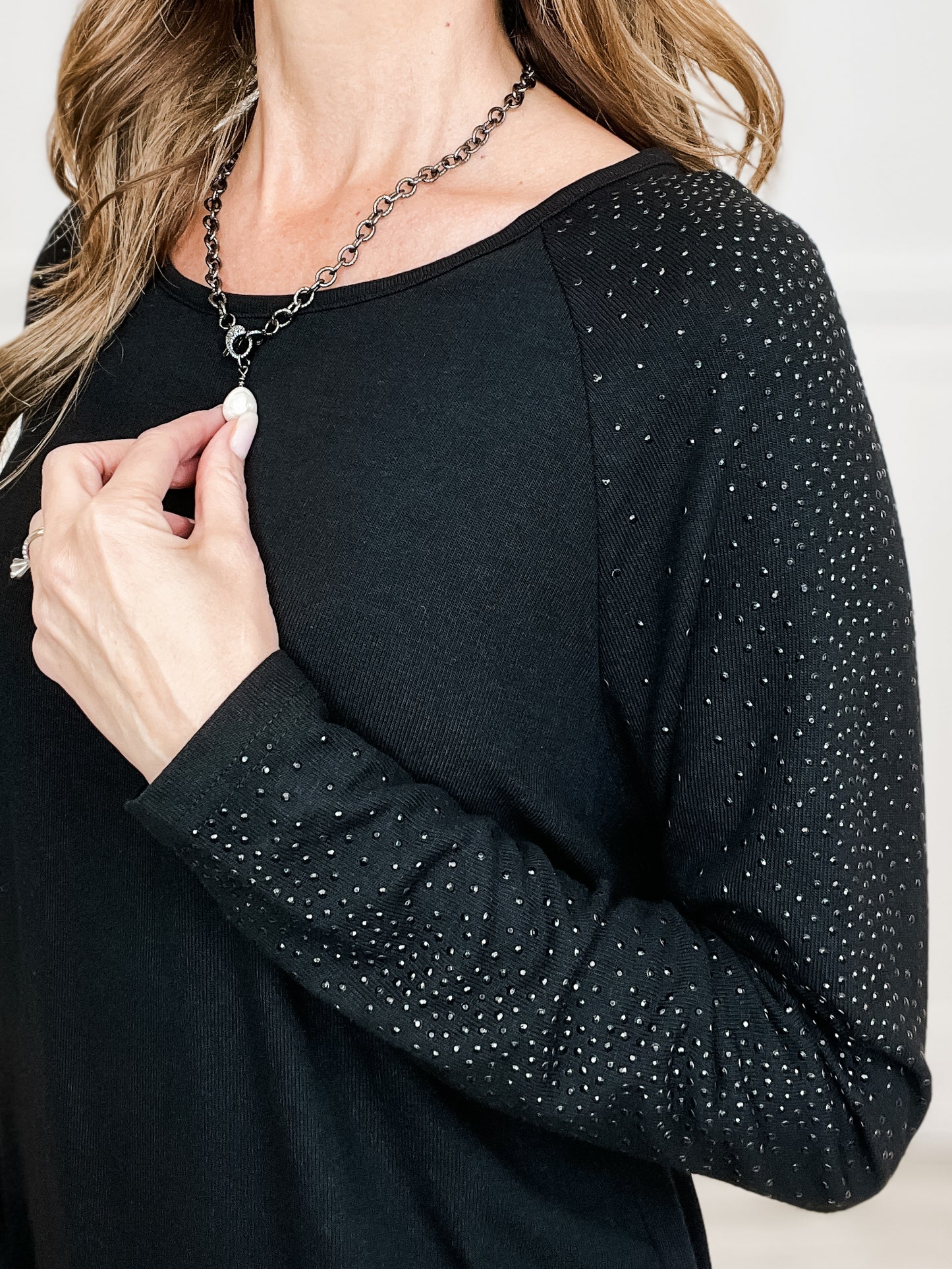 Wide Round Neck Long Sleeve Top with All Over Rhinestone Embellishments