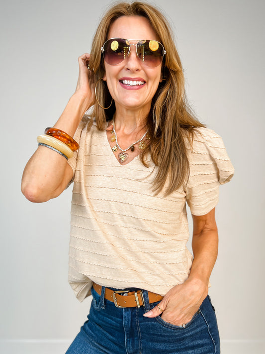 V-neck Pleated Puff Sleeve Striped Top