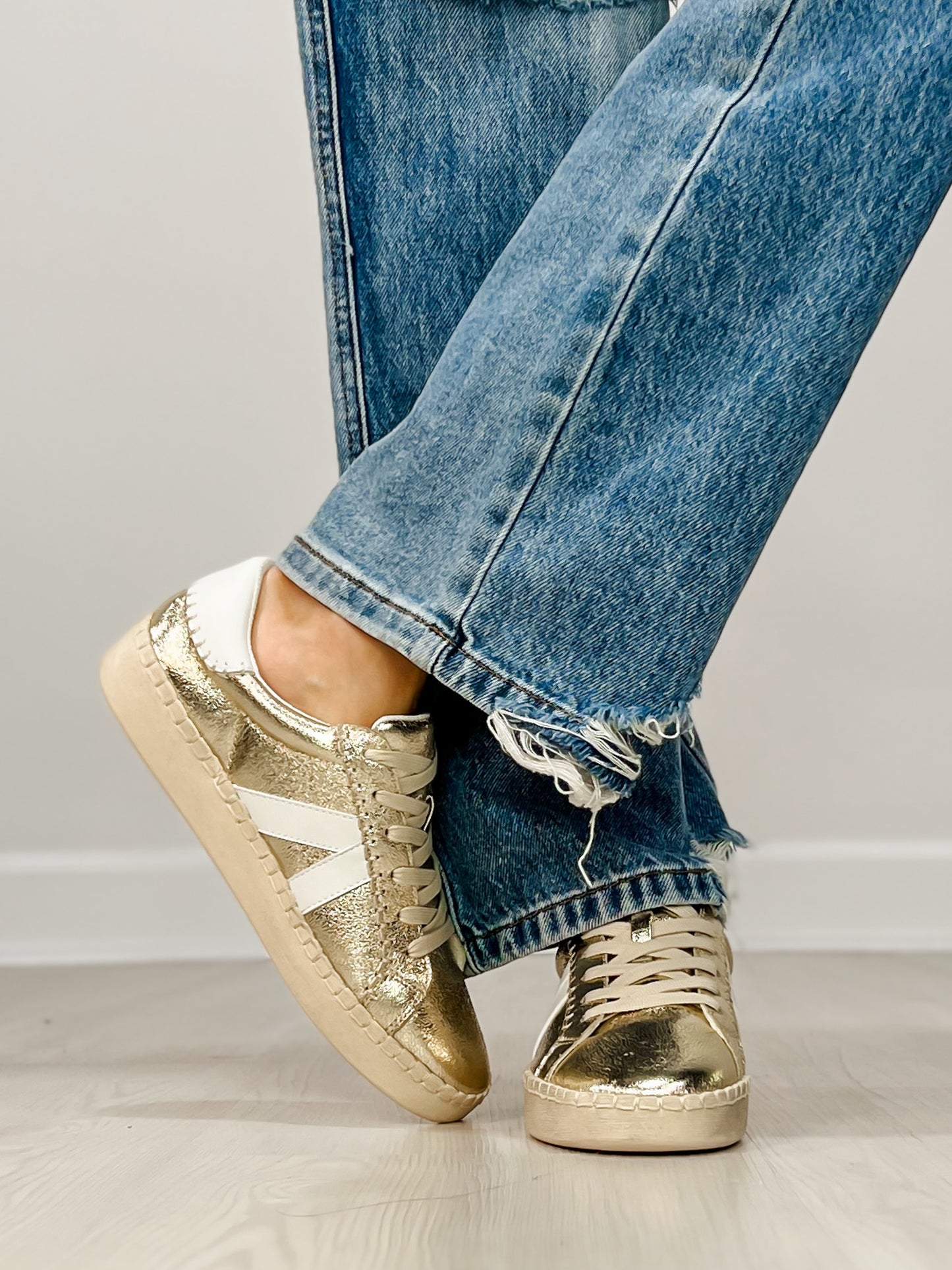Corkys Friend Zone Tennis Shoes in GOLD CRINKLE METALLIC