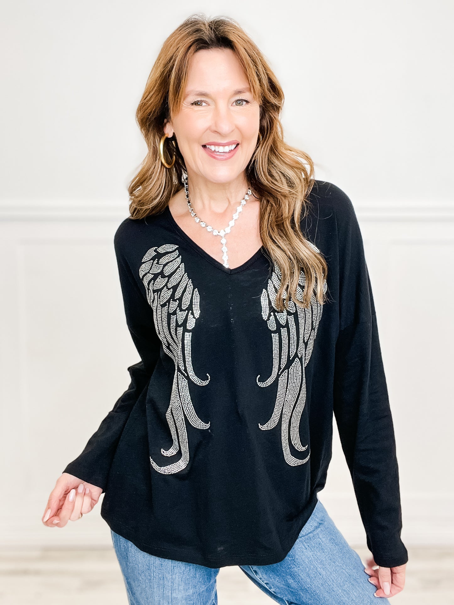 V-Neck Drop Shoulder Long Sleeve Knit Top with Rhinestone Wing Design