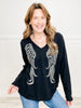 V-Neck Drop Shoulder Long Sleeve Knit Top with Rhinestone Wing Design