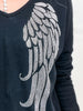 V-Neck Drop Shoulder Long Sleeve Knit Top with Rhinestone Wing Design
