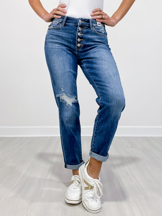 Judy Blue SOUL SISTER Mid-Rise Button Fly Distressed Boyfriend Jeans